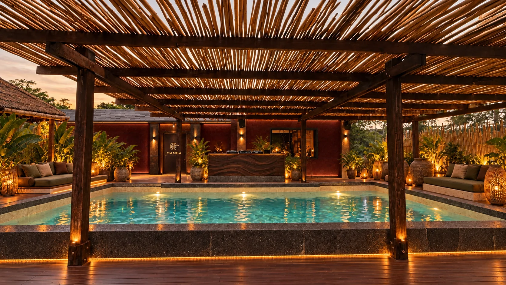 NOWHERE pool and bamboo canopy with the finished MAMBA entrance